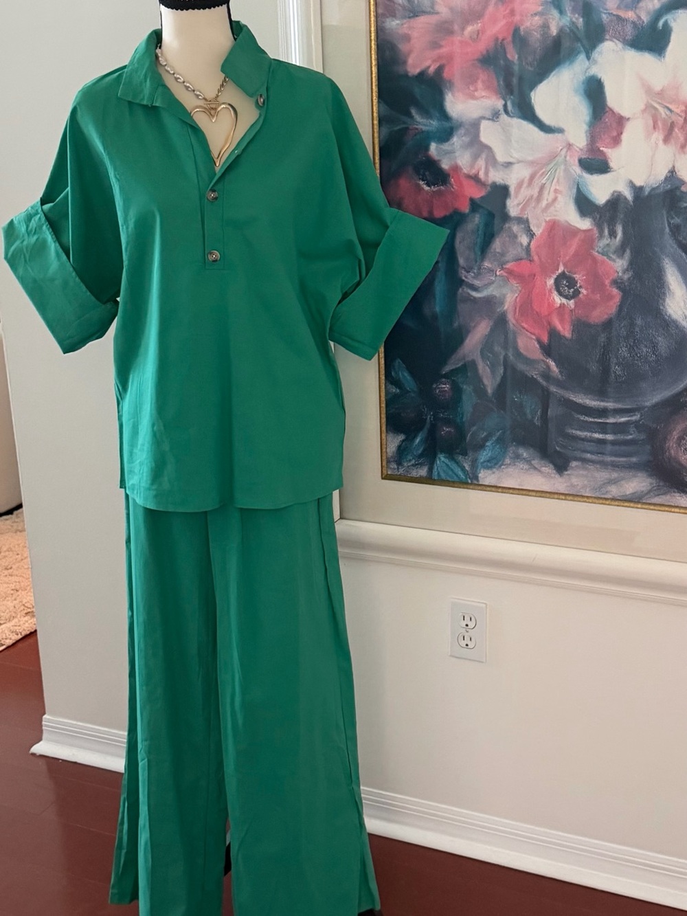 Womens Green Two-Piece pan set Relaxed Collar Top & Wide-Leg Pants